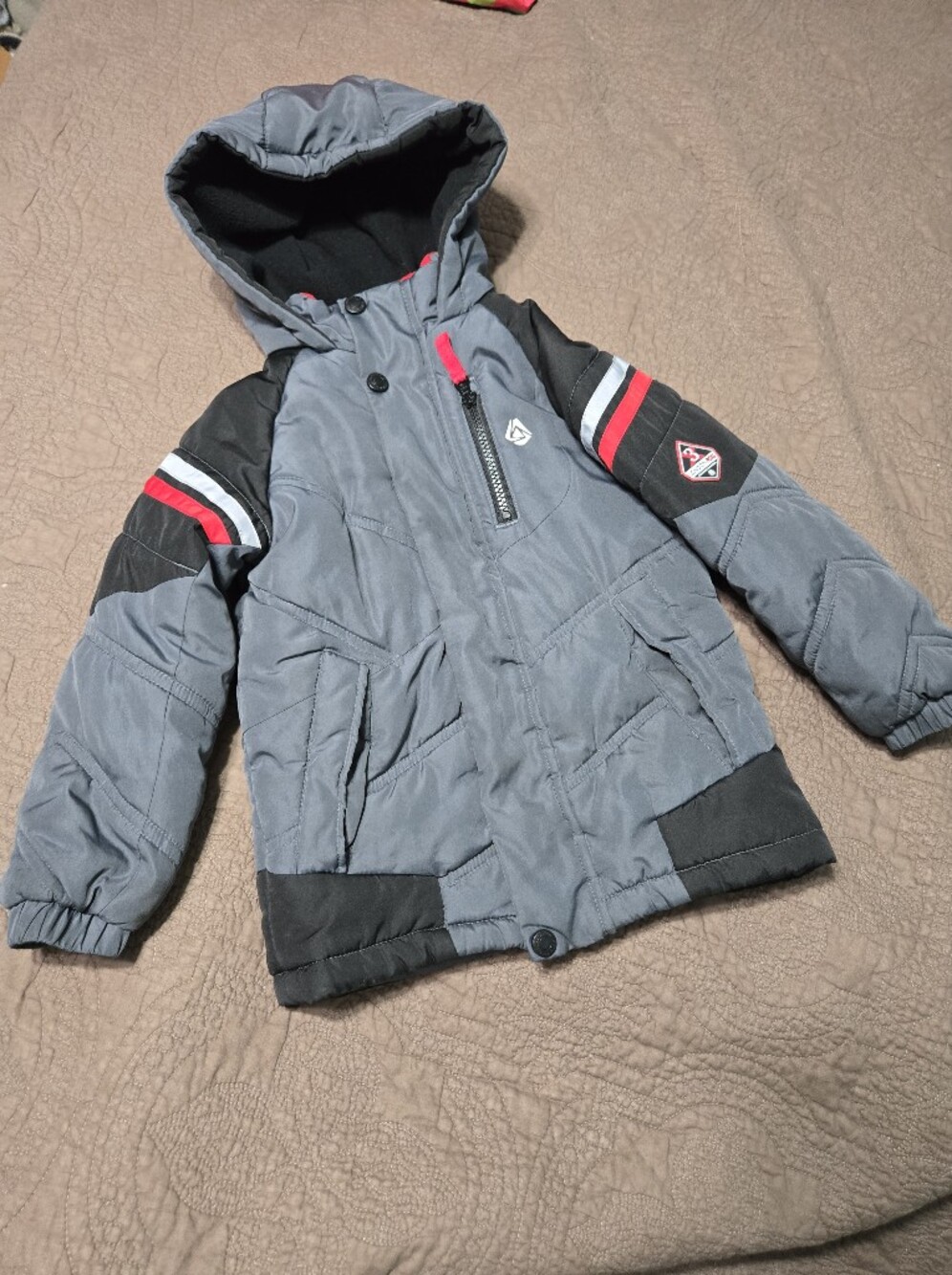 London Fog Puffer Snow Jacket Boys M 5-6 Gray Black Fleece Lined Hooded Ski
